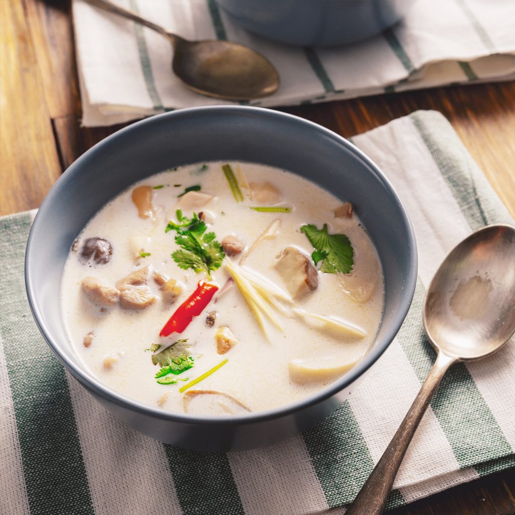 A steaming bowl of deliciously creamy Tom Kha Gai